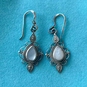 Sterling Silver Dangle Earrings White Gem Center
